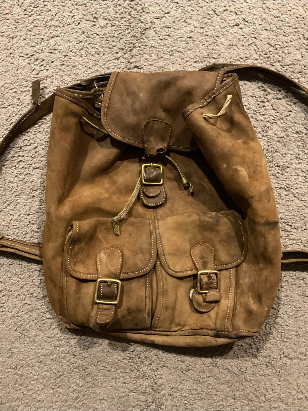 True Vintage Brown Leather Large Backpack Bag Thrashed Minimalist Grunge Y2K